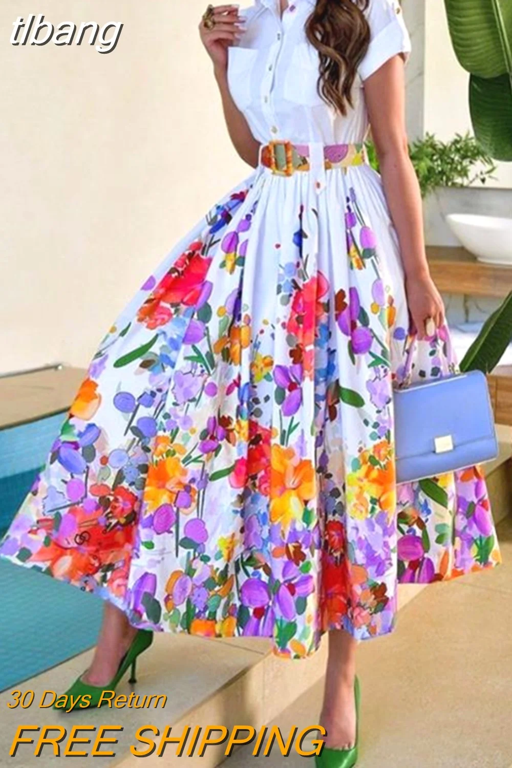 tlbang Dresses for Women Floral Print Ruched Buttoned Shirt Maxi Dress Vacation Fashion 2023 Summer Casual Female Clothing