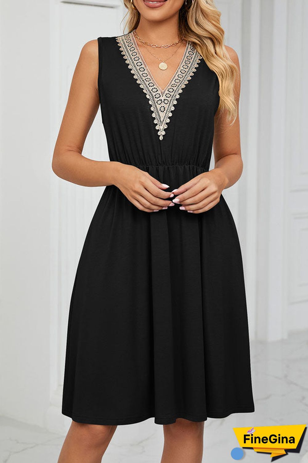 V Neck Patchwork High Waist Solid Color Dress