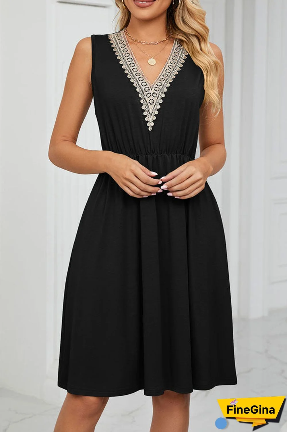 V Neck Patchwork High Waist Solid Color Dress