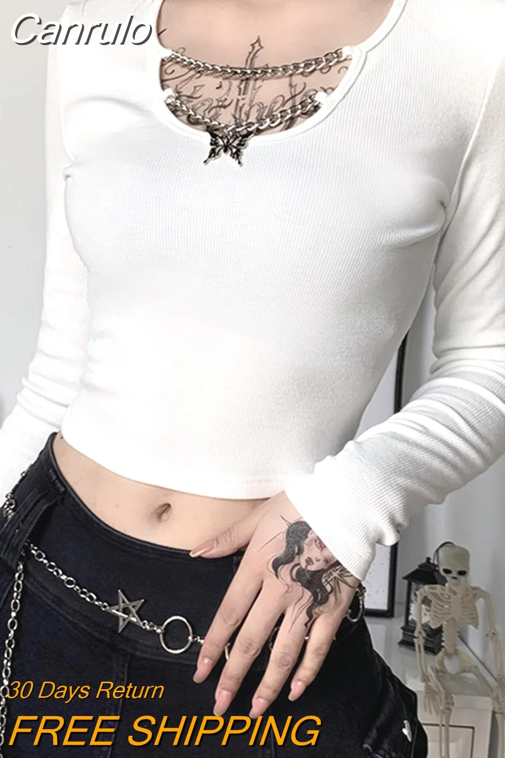 Canrulo Streetwear Punk T-shirt Women Long Sleeve Butterfly Necklace Slim Top Tees Autumn Gothic Bottom T-shirt Black White Emo