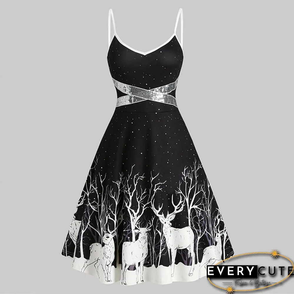 Christmas Print Sequin Patchwork Sleeveless Dress Santa Xmas Deer Skater Party Dresses
