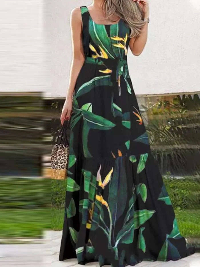 Asian green printed bouquet waist big hem long skirt sleeveless dress