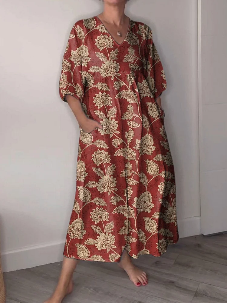 Vintage Style Floral Pattern Printed Women's Pocket V-Neck Cotton Dress