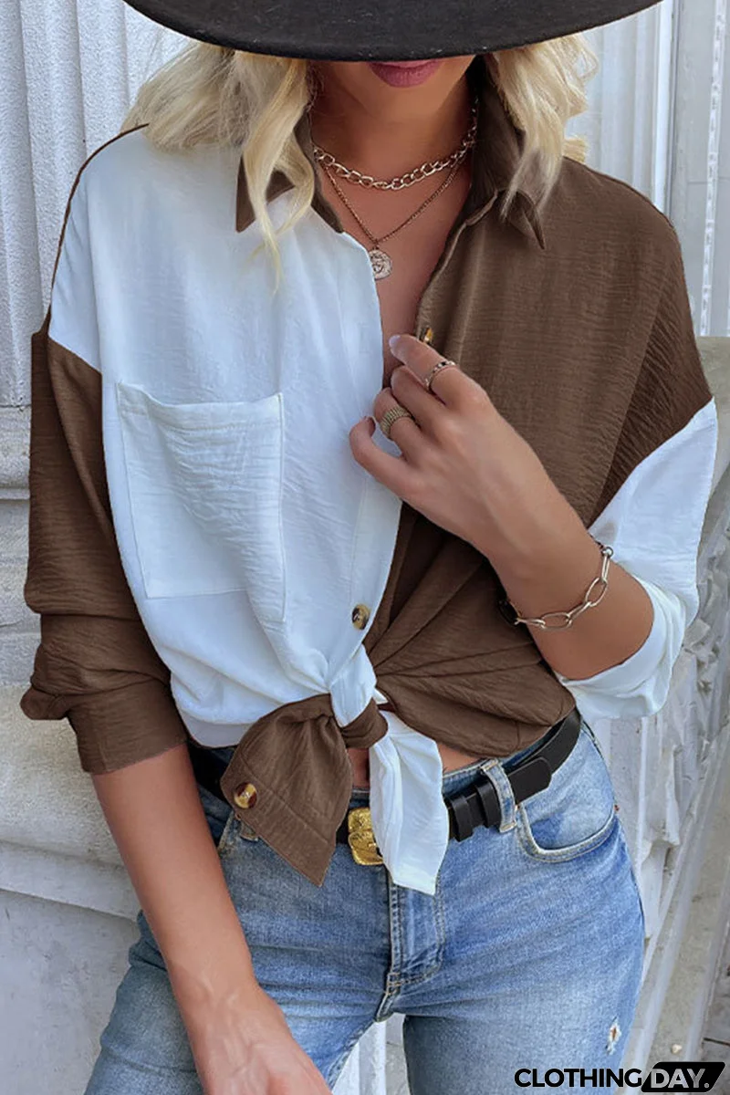 Elegant Color Block Pocket Contrast Turndown Collar Tops