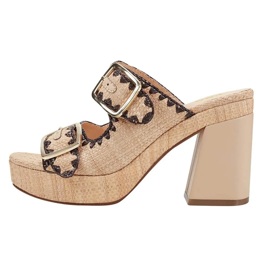 Khaki Open Round Toe Double Buckle Strap Chunky Heel Slide Sandals