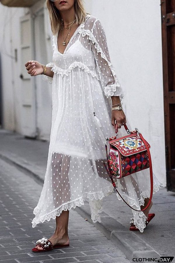 Dot Lace Sheer Maxi Cover Dress