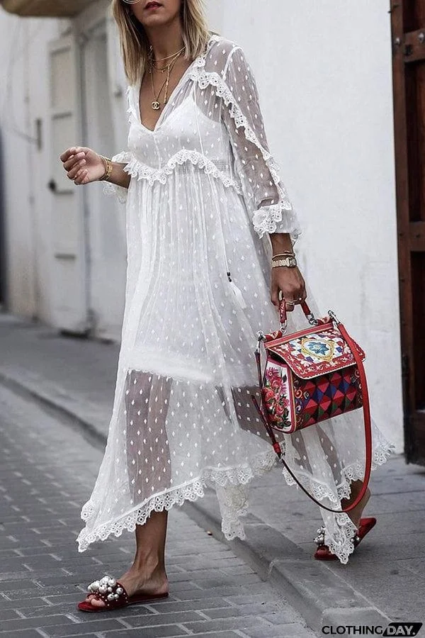Dot Lace Sheer Maxi Cover Dress
