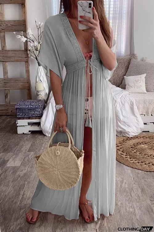 Crochet Lace Insert Long Cardigan