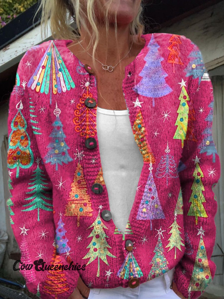 Pink Christmas Tree Art Print Buttoned Cardigan Sweater Multicolor / S