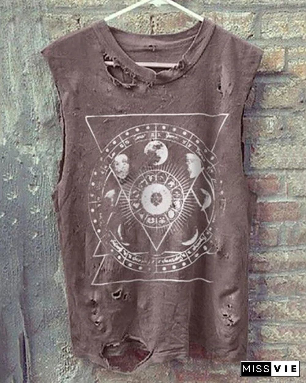 Vintage Round Neck Sleeveless Broken Holes T-Shirt