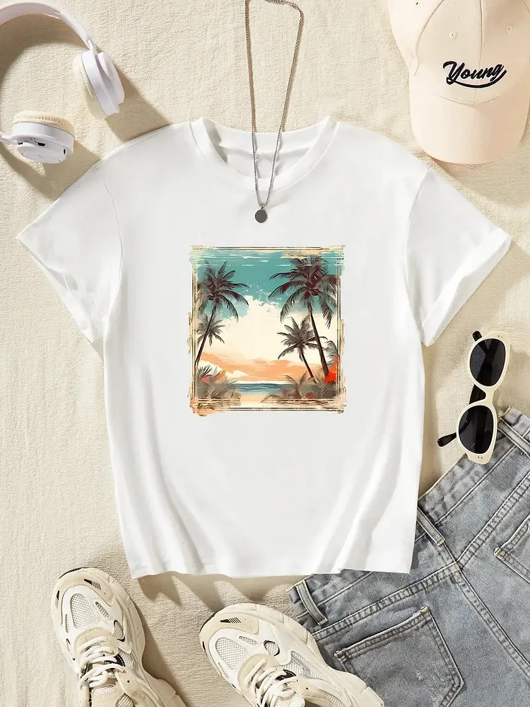 Blue Sky Ocean Print Tee, Girls' Casual & Comfy Crew Neck Short Sleeve T-shirt For Spring & Summer  Girls' Clothes For Everyday Activities