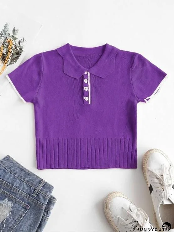 Half Button Ribbed Cropped T-shirt