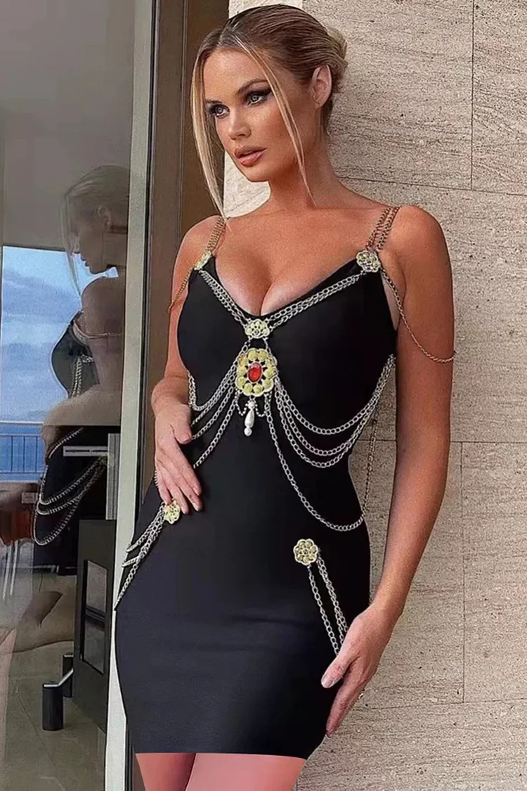 Bodycon Chain Rhinestone Decor Cami Mini Dress-Black