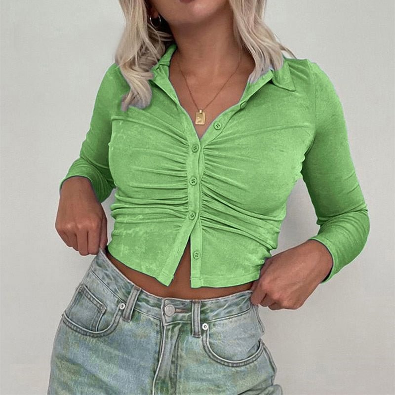 Ladies Solid Buttoned Lapel Tops Fall Summer Long Sleeve Split Crop Tops Women Slim Fit Ruched T-shirts Casual Street 3 Colors