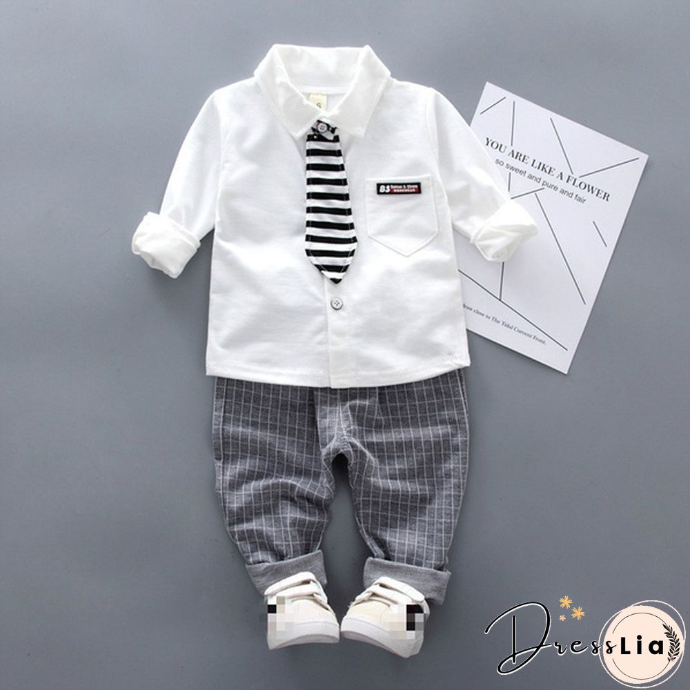 2Pcs Boys Autumn Clothing Suit Kids Gentleman Boy Tie Shirt + Pants Toddler Baby Boys Outfits Clothes Set Suitable for 0-4 Years