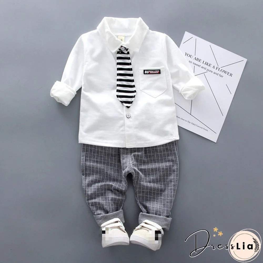 2Pcs Boys Autumn Clothing Suit Kids Gentleman Boy Tie Shirt + Pants Toddler Baby Boys Outfits Clothes Set Suitable for 0-4 Years