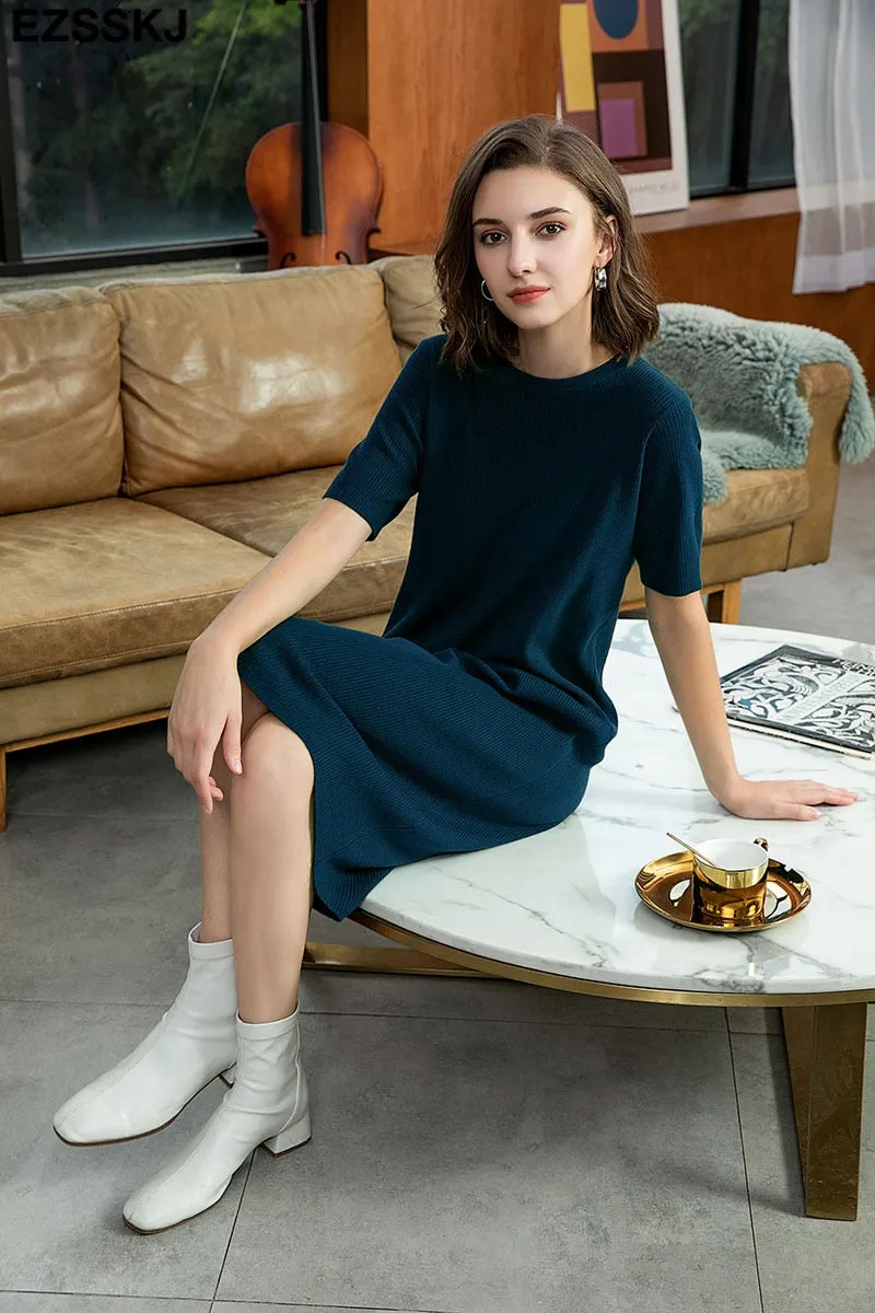 short sleeve straight spring autumn straight maxi sweater dress women o-neck long knit  dress elegant female loose knit dress