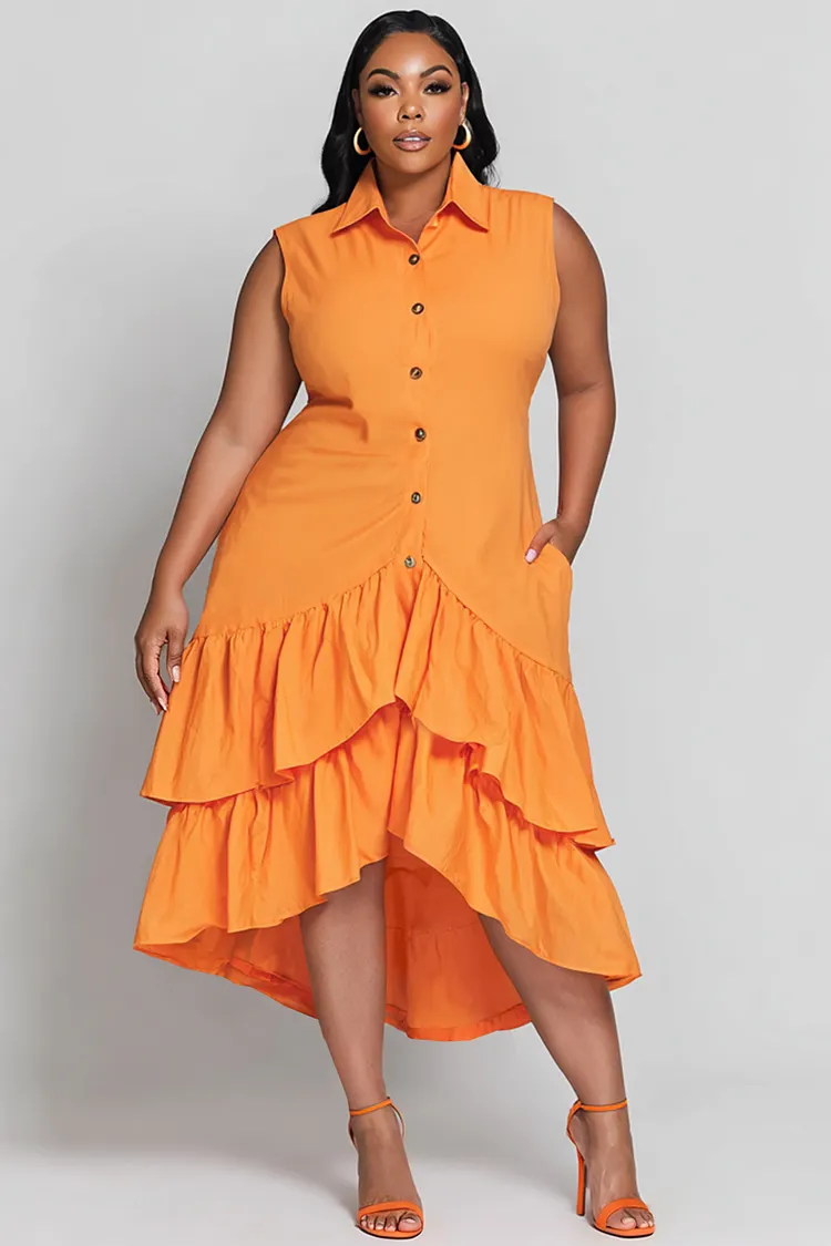 Xpluswear Design Plus Size Business Casual Orange Shirt Collar Ruffle Pocket Midi Dresses [Pre-Order] 2024 - Xpluswear