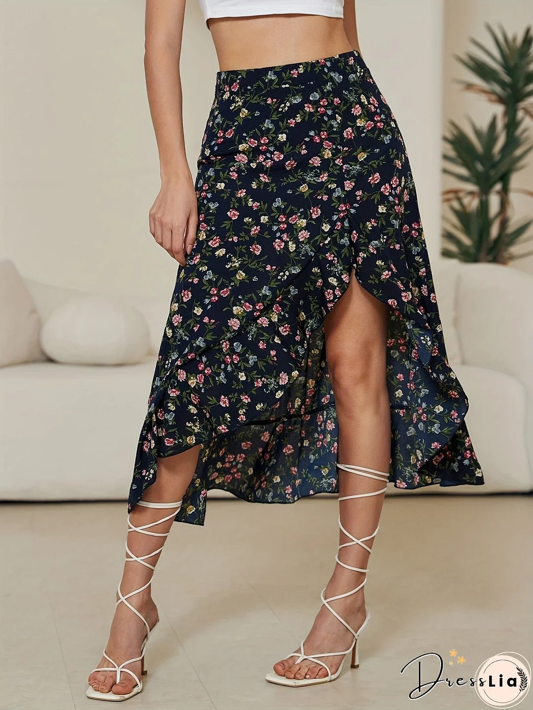Floral Print High Waist Skirt, Cute Asymmetrical Skirt For Spring & Summer, Women's Clothing