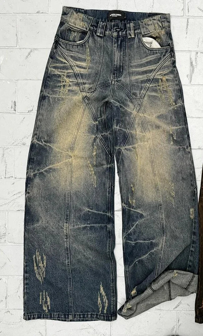 OLCooL Streetwear Y2K Retro Ripped Jeans Men Women Washed Distressed Wide Leg Oversized Jeans Punk Hip Hop Fashion Trousers Baggy Pants olcool