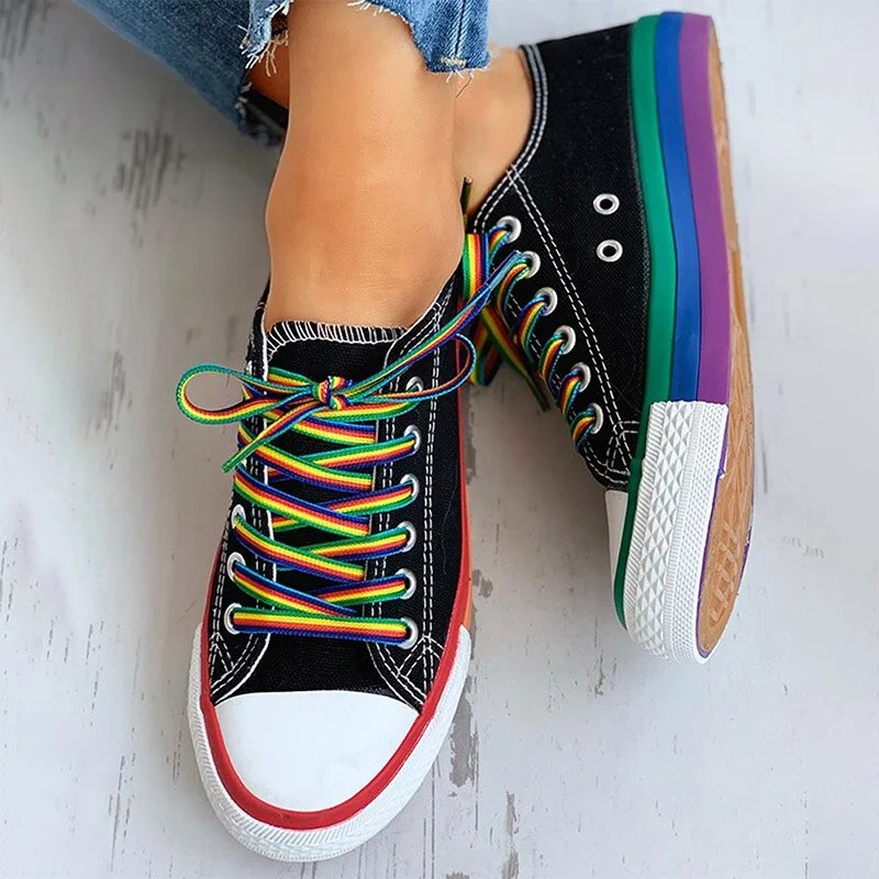 Shoes Women Casual Canvas Flats Lace Up Female Sneakers Rainbow Ladies Vulcanized Shoes Walking Comfort New Autumn Fashion