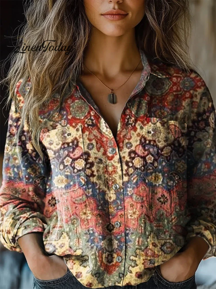 Womens Retro Metallic Floral Pattern Printed Womens Casual Long Sleeve Comfortable Cotton Shirt
