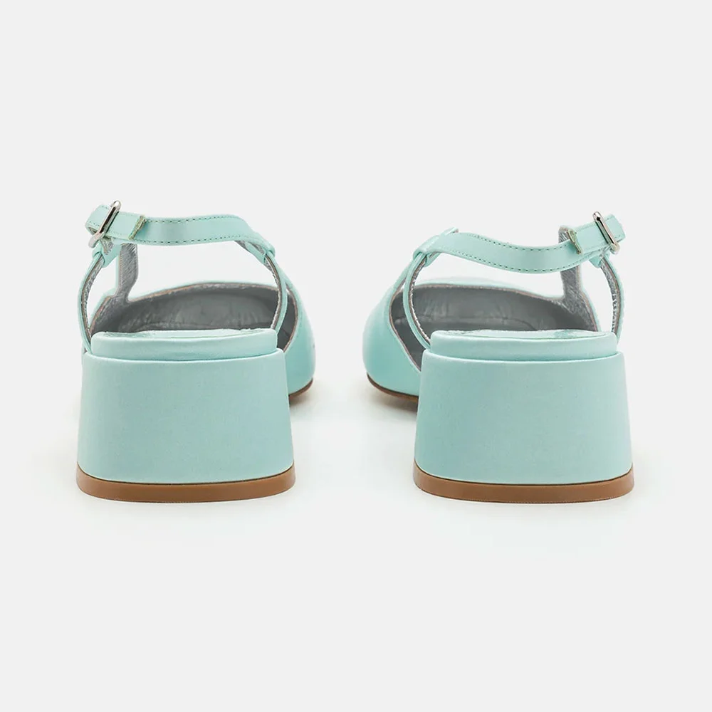 Mint Green & Silver Round Toe Chunky Heel Buckle Slingback Pumps