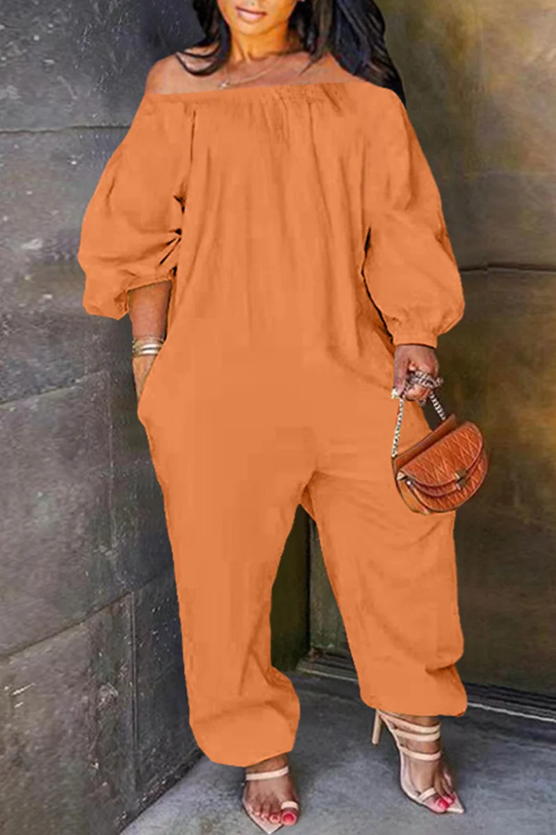 Orange Fashion Casual Solid Basic Off the Shoulder Plus Size Jumpsuits (No Pocket) | EGEMISS