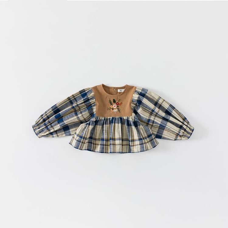 Toddler Girl Embroidered Flower Plaid Blouse