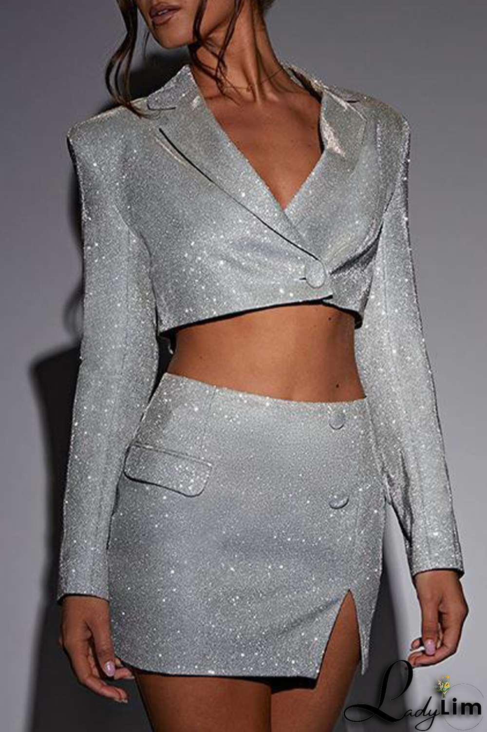 Silver Elegant Solid Patchwork Buttons Slit Bright Silk Turn-back Collar Long Sleeve Two Pieces