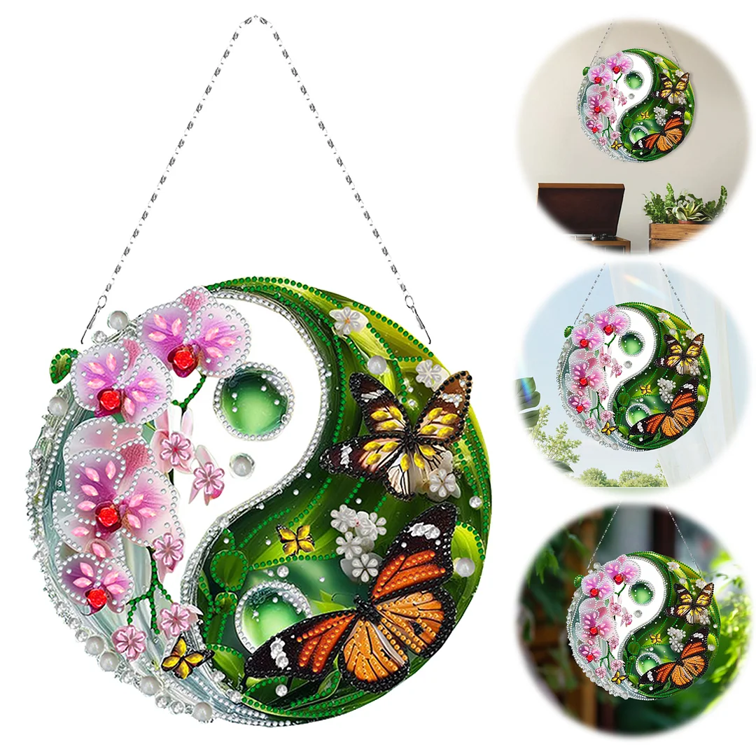 Butterfly Flower Yin Yang 2D Flat DIY Diamond Painting Set Diamond Art Pendant