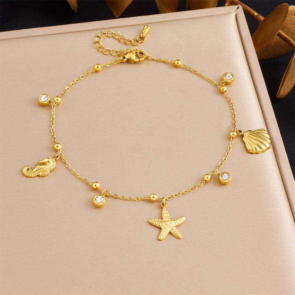 Korean Style Fashion Stacking Double Chain Diamond Cherry Starfish Flower Star Moon Pendant Stainless Steel Anklet Female