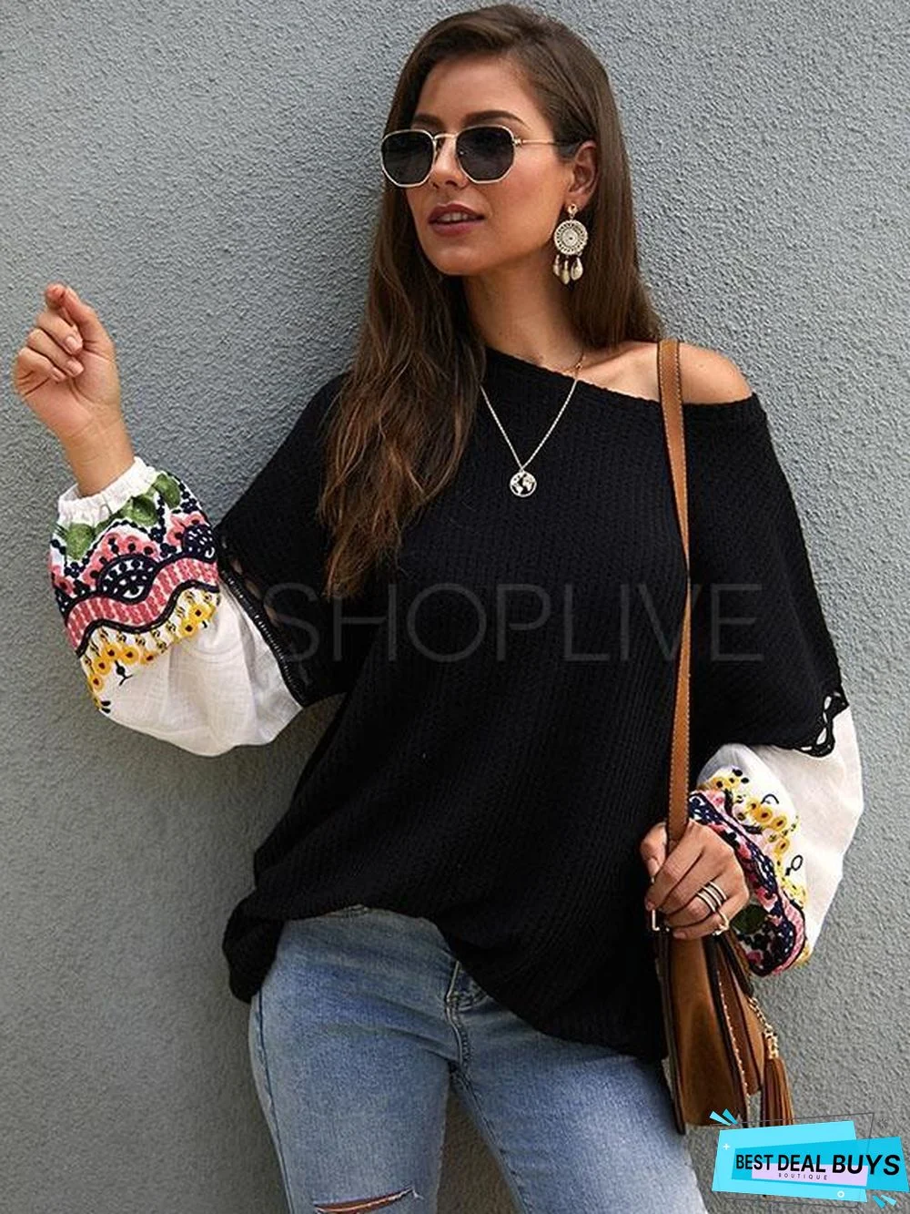 Loose Stitching Embroidered Sleeve Sweater