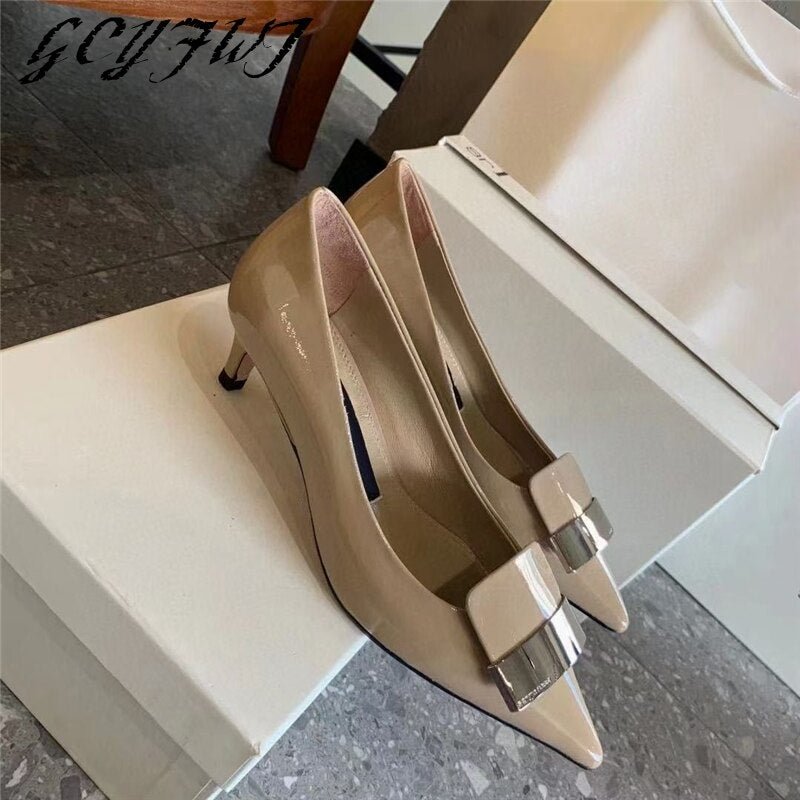 Office Lady Women Single Shoes Pointed Toe Genuine Leather And Metal Decoration Shallow High Heel Women Shoes Thin Heels Slip-on