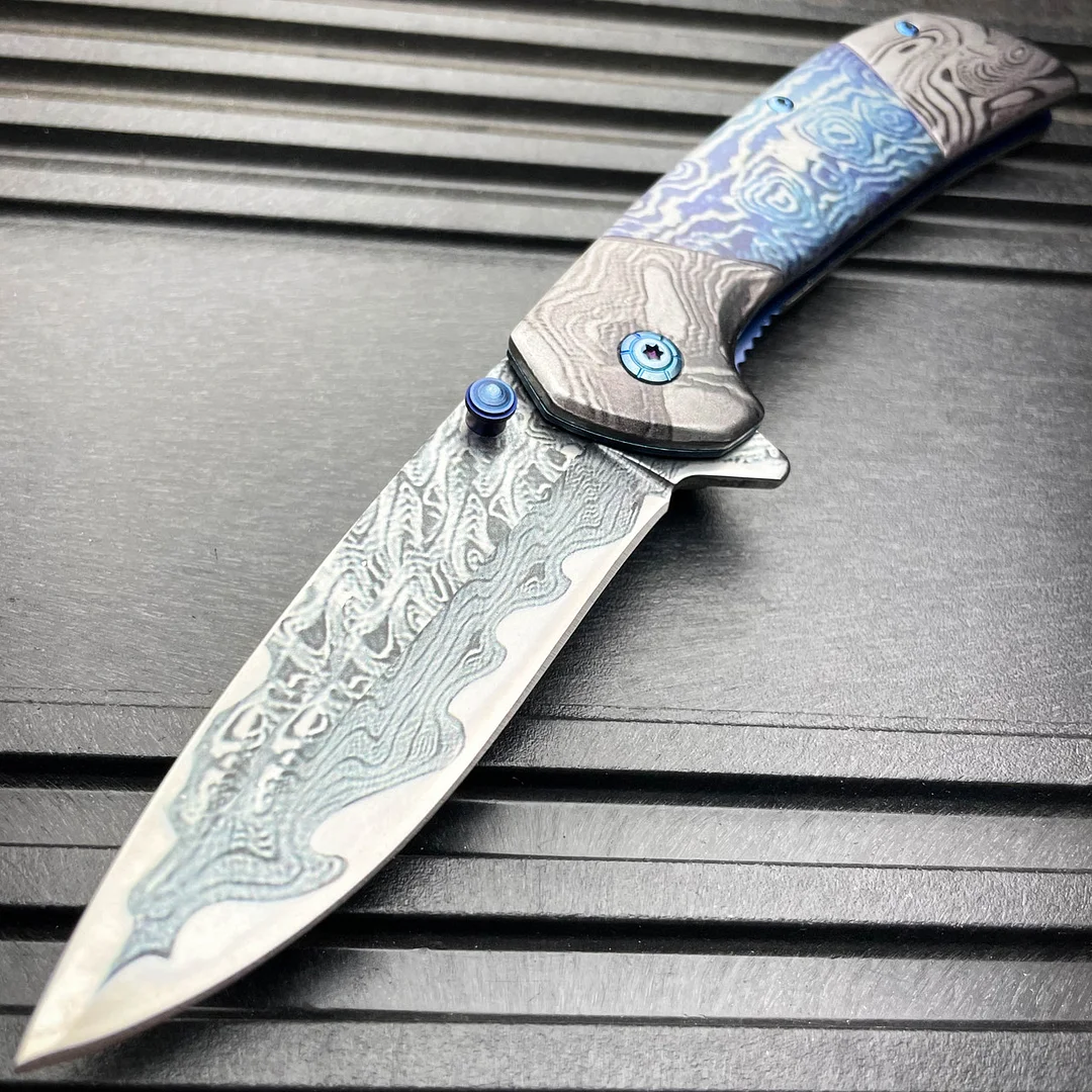 SALE!8" Heavy Titanium Damascus Etched Stainless Steel Spring Assisted Pocket Knife