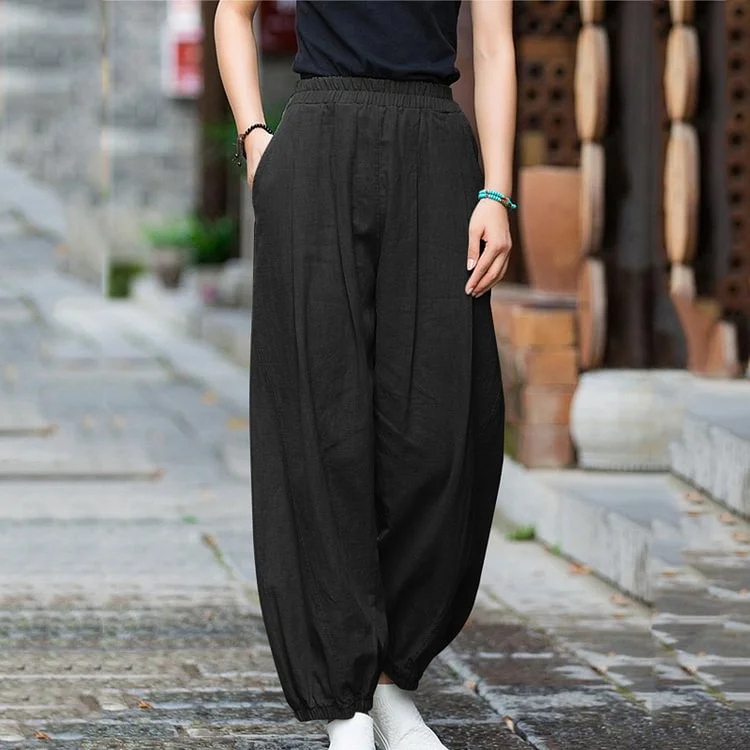 Women's Elastic Waist Pocket Pleat Cotton Linen Casual Pants