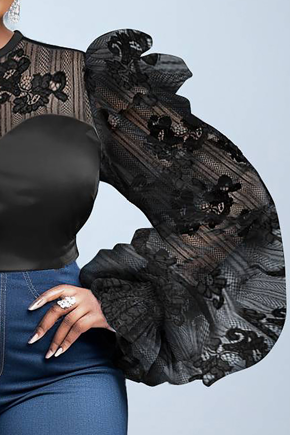 Design Plus Size Party Black Spring Summer Round Neck Puff Sleeve Long Sleeve See Through Mesh Blouses [Pre-Order]