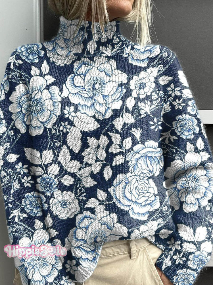 Women’s Vintage Lovely Floral Ar Print Knit Turtleneck Pullover Sweater Multicolor / S
