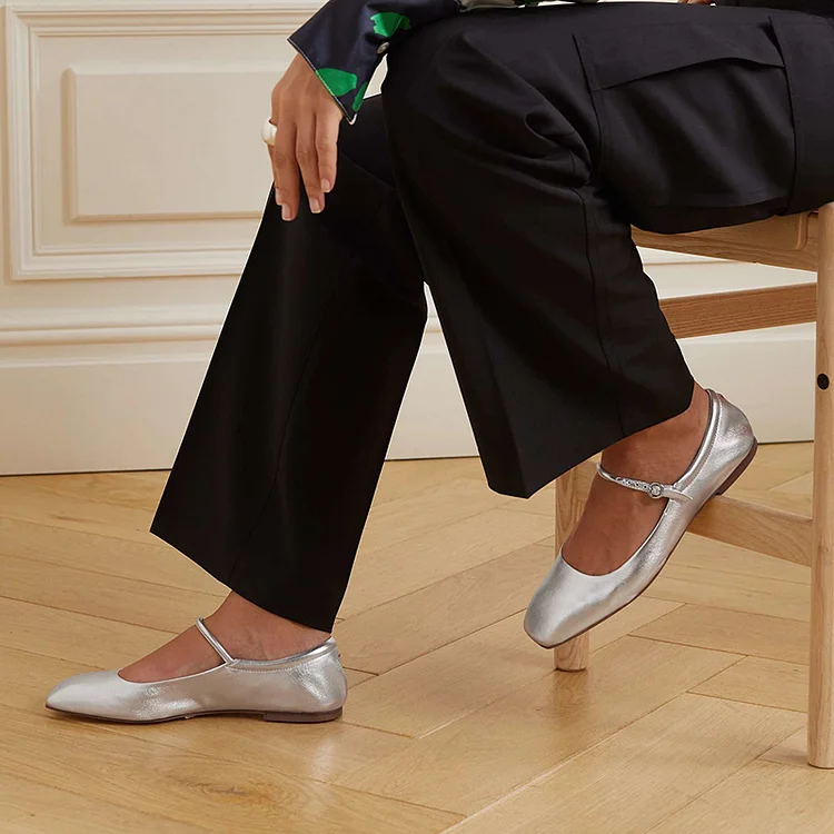 Silver Metallic Square Toe Comfy Mary Jane Flats for Women |FSJ Shoes