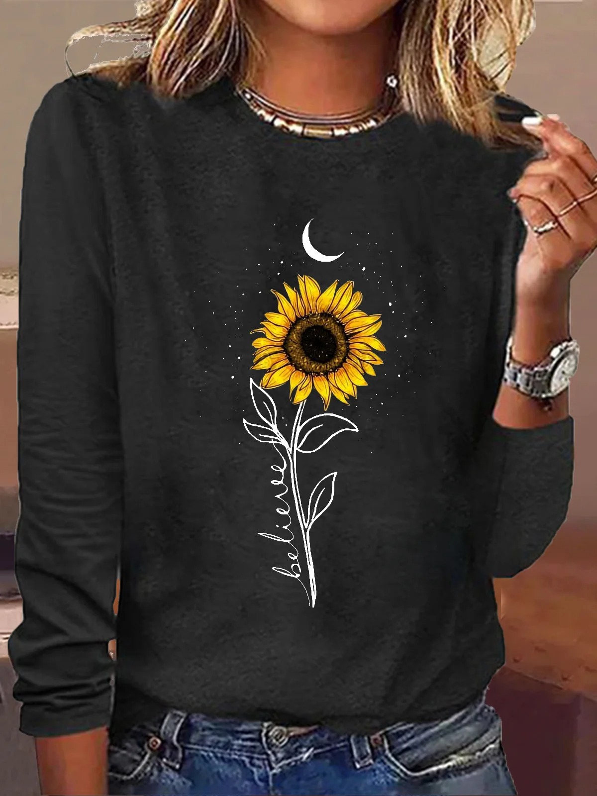 Mature Women Comfort And Casual Printed Long Sleeve Round Neck T-shirt Plus Size Top
