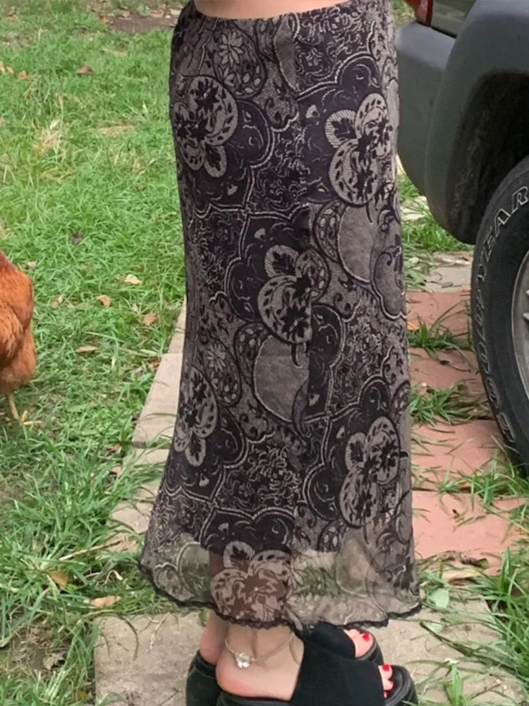 Rapcopter y2k Floral Midi Skirts Grunge Fairycore Straight Skirts Vintage Frill Cute Low Waisted Black Skirt Women Holiday Beach