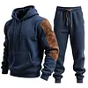 Men's Vintage Navy Blue Stitching Brown Suede Pocket Hoodie And Sweatpants Jogger Set by Inlyline