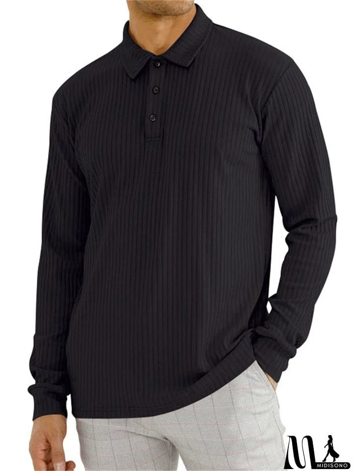 MidiSono - Men's Fall Lapel Long Sleeve Stripe Texture Golf Shirt