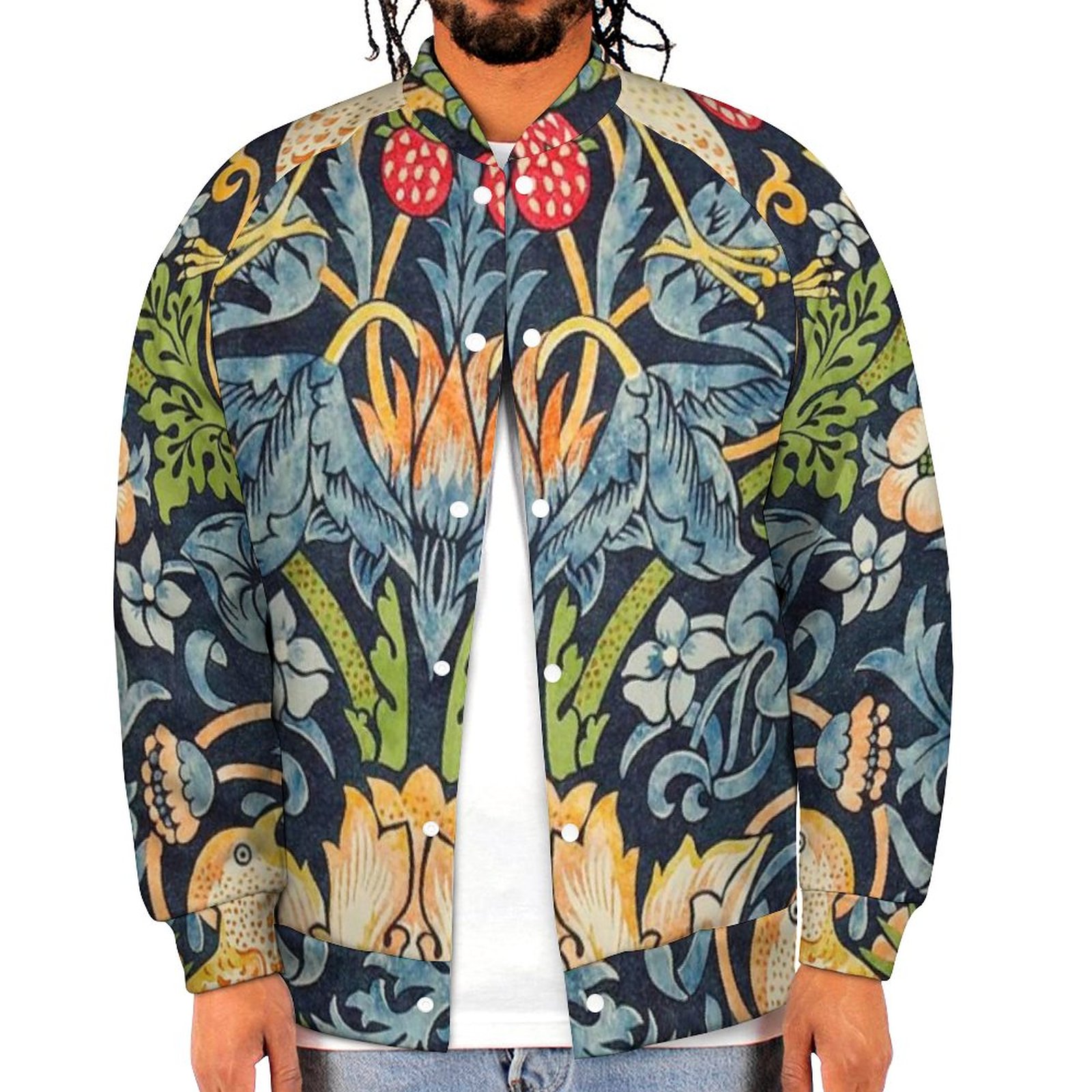 William Morris Strawberry Thief Floral Pattern Mens Baseball Jacket Guys Graphic Print Varsity Streetwear Coats