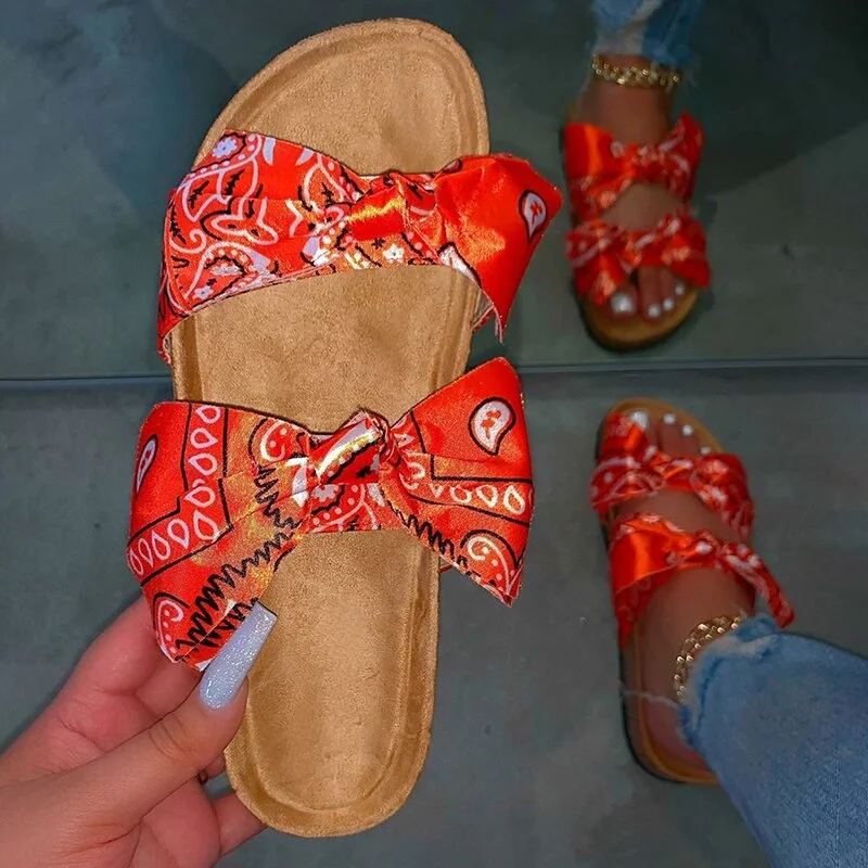 Women Sandals 2021 Summer Sandals For Women Double Bow Satin Cork Slippers Brand Beach Flat Shoes Sandles Sandalias Mujer