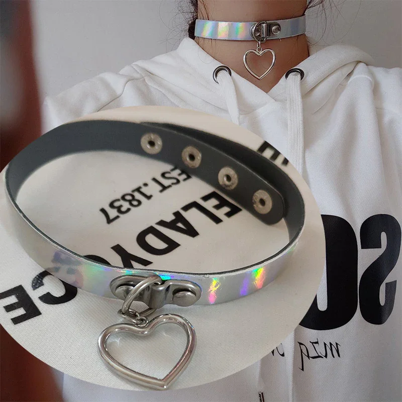 Billionm Fashion Sexy Harajuku Handmade Heart Pendant Choker Laser Light Necklace Punk Cute kawaii Leather Collar Chocker Spikes Torques