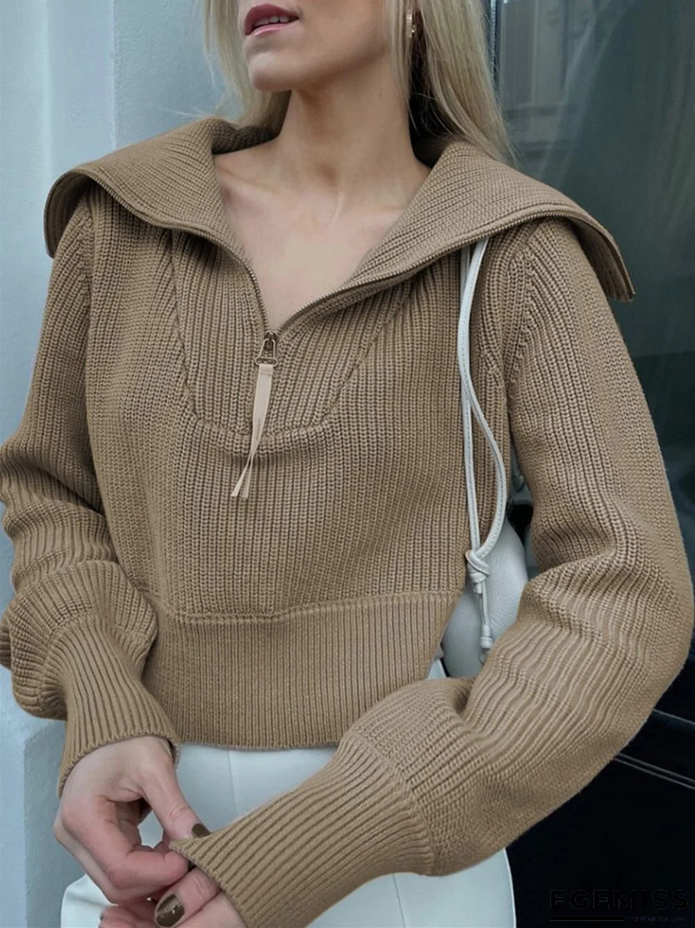 Solid Color Zipper Wide Neck Fashionable Casual Sweater | EGEMISS