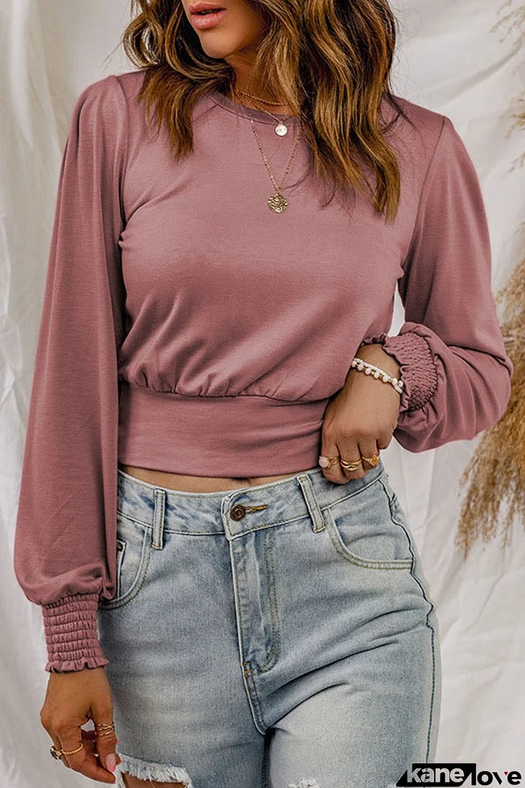 Banded Hem Smocking Cuffs Long Sleeve Crop Top