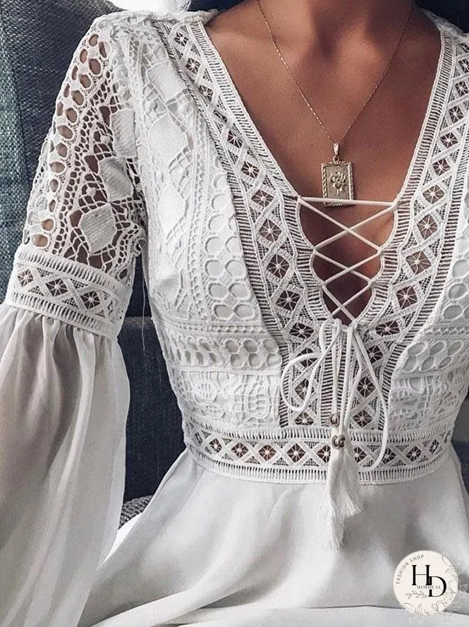 Deep V-neck Tie Long Sleeve Mini Dress