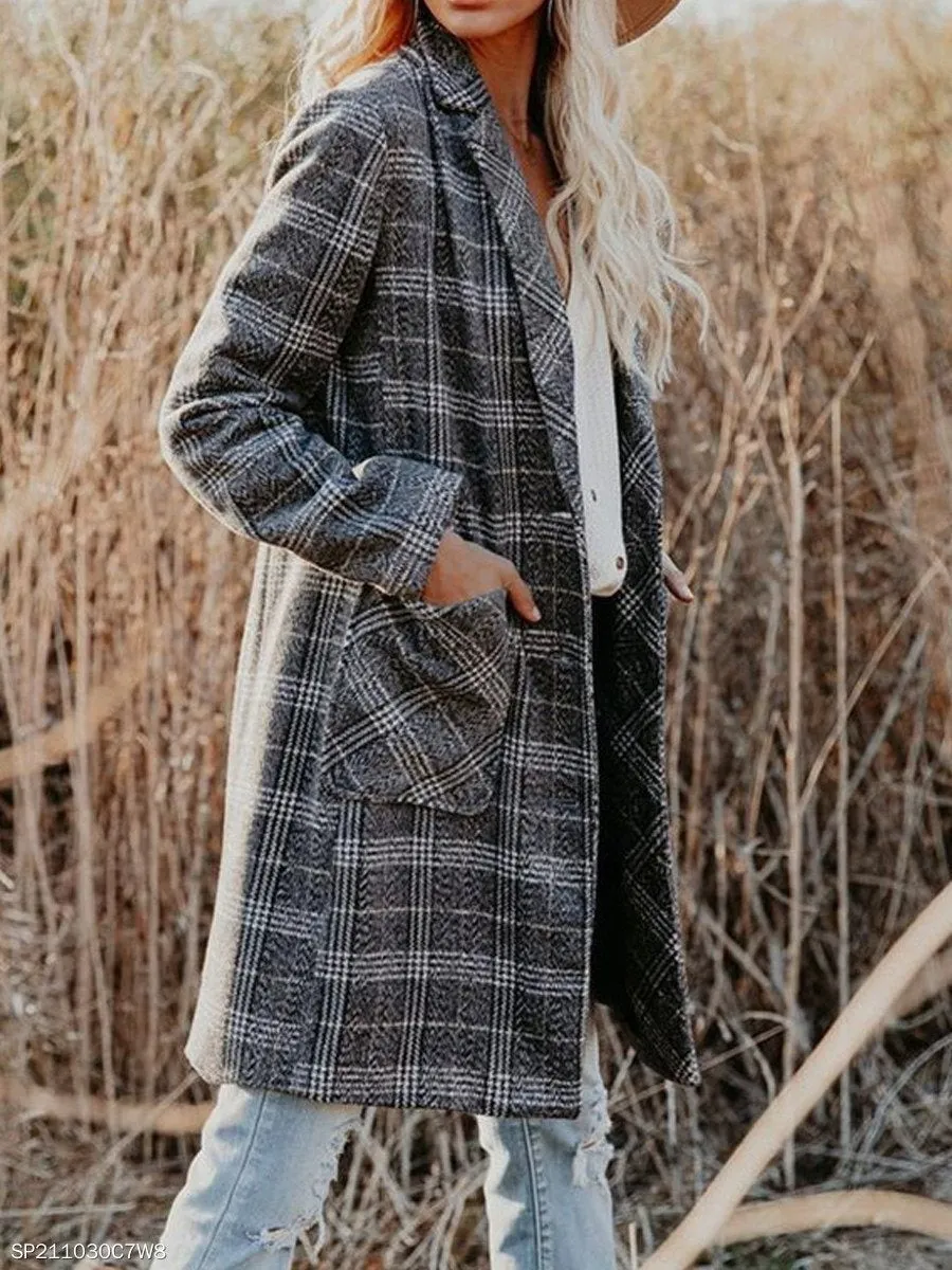 Brushed plaid lapel multi-button two-pocket midi jacket